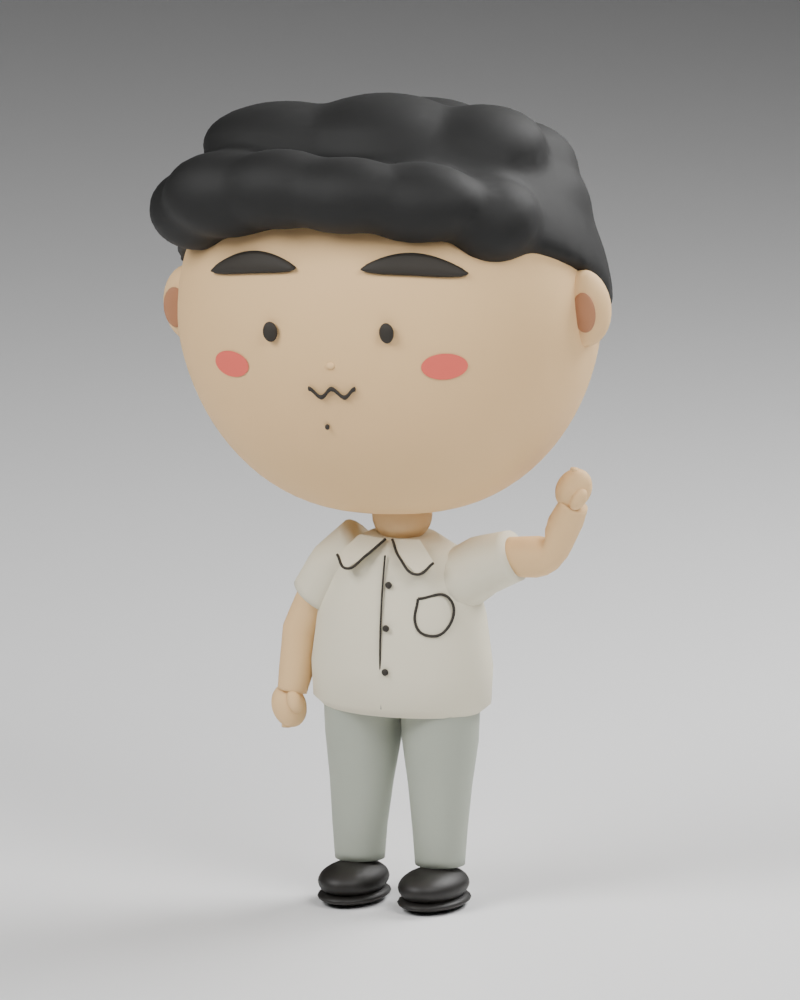 The first shipped 3D mascot, waving — a Blender render from the initial release